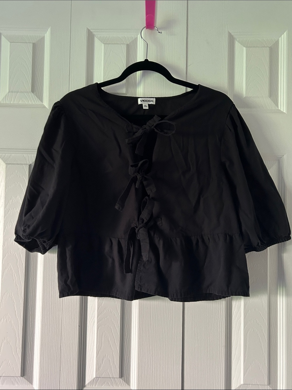 Black Cotton Tie Front Trendy Blouse